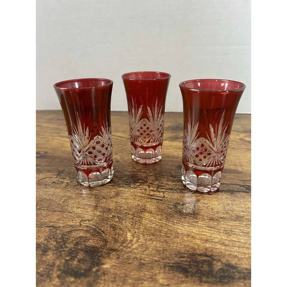 Lot Of 3 Vintage Ruby Cut To Clear Cordial Glasses Candle Holder Decor Displays